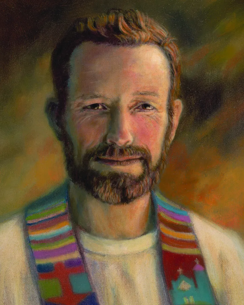 A painting depicting Father Rother wearing a colorful scarf.