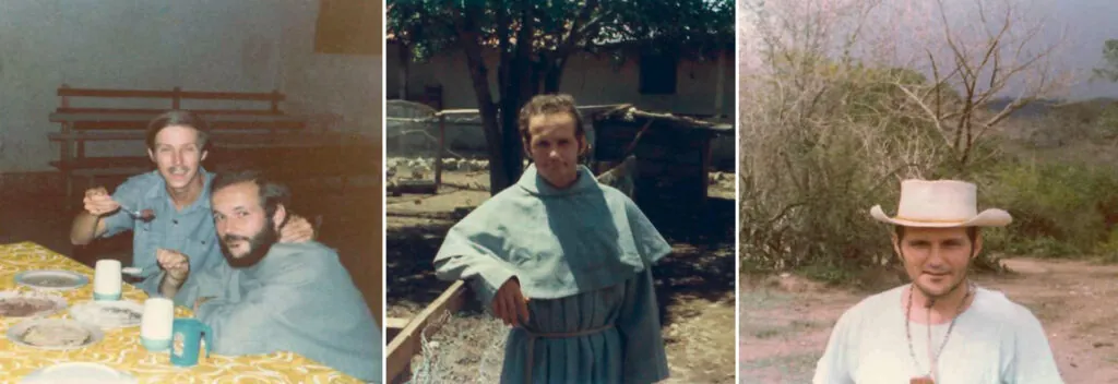 Three photos showing Father Casimir are side-by-side. In the first photo Father Casimir is shown eating with a smiling young man. In the second photo Father Casimir is shown in blue robes, leaning on a fence in front of a southern style rural building. In the third photo, Father Casimir is shown standing in the countryside, wearing a brimmed hat and a beaded necklace. 