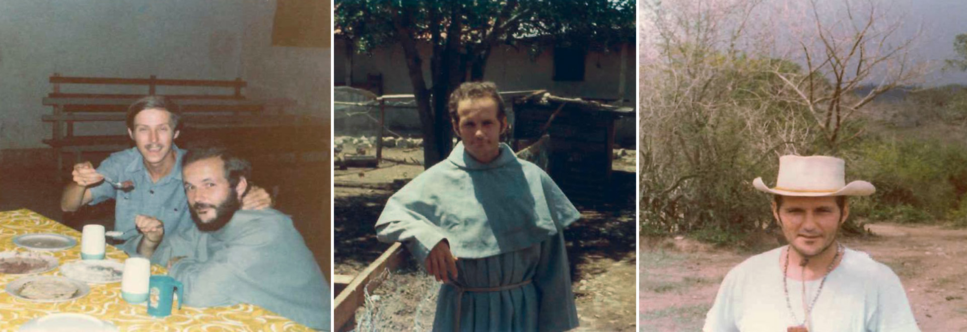 Three photos showing Father Casimir are side-by-side. In the first photo Father Casimir is shown eating with a smiling young man. In the second photo Father Casimir is shown in blue robes, leaning on a fence in front of a southern style rural building. In the third photo, Father Casimir is shown standing in the countryside, wearing a brimmed hat and a beaded necklace.