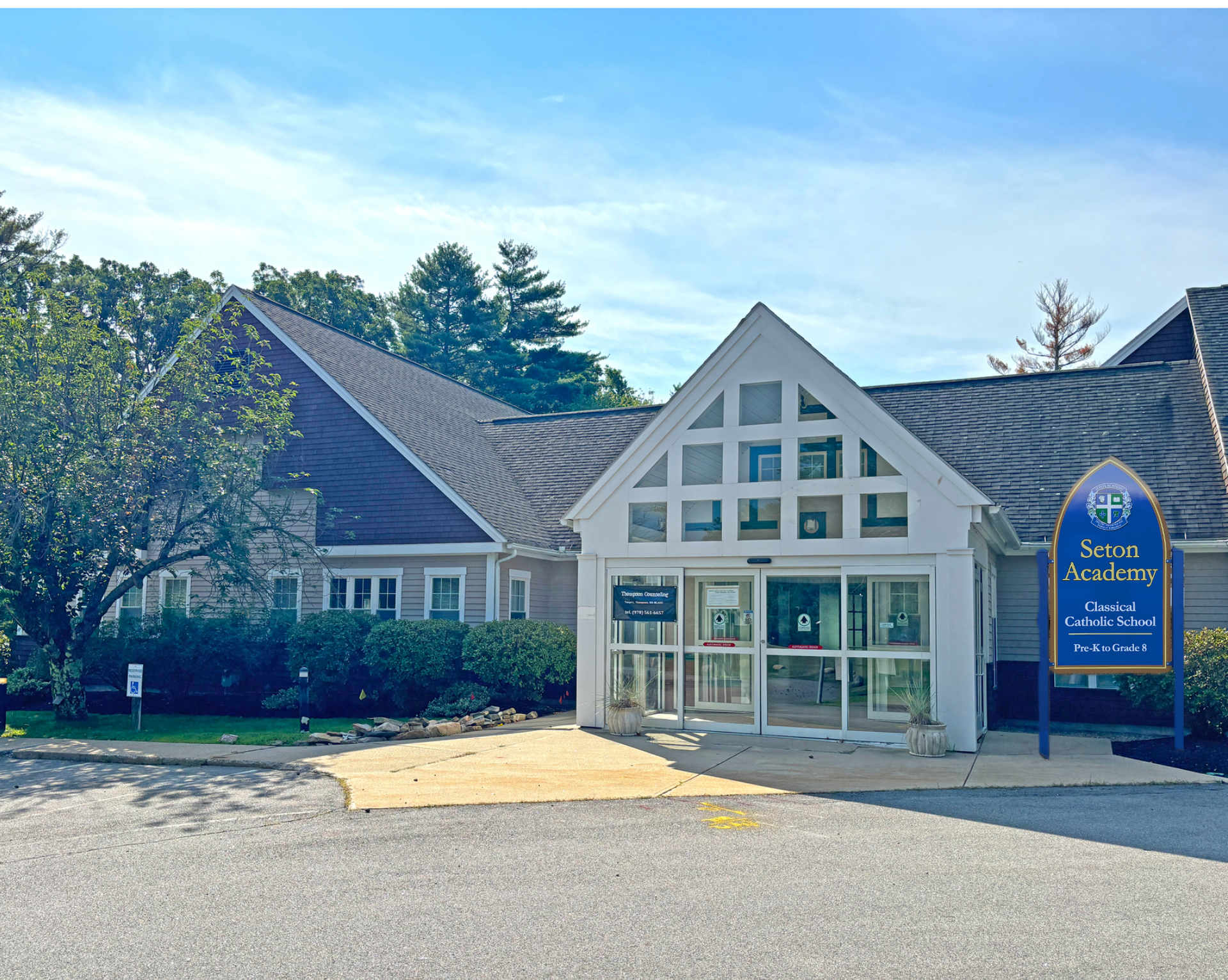 An image showing the front of a new school building